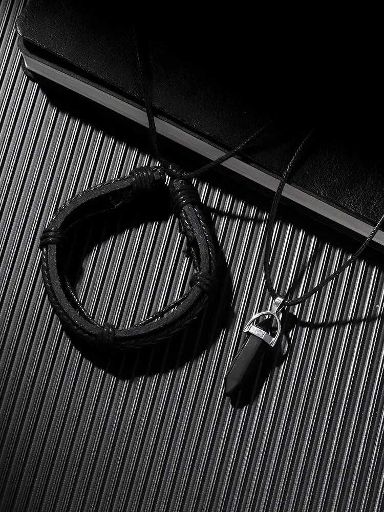 3PCs Fashion Business Casual Mens Belt Quartz Watch with PU Leather Woven Bracelet Necklace Combination SetX241010