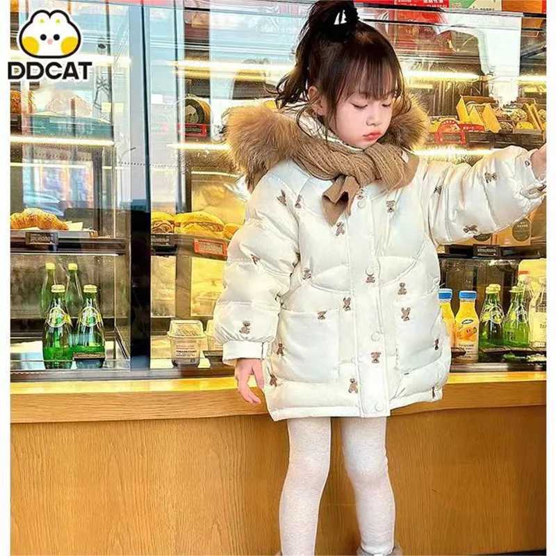 Down Coat Girl embroidery cotton jacket medium long 2023 new baby clothing winter big fur collar thickened childrens winter top H241010