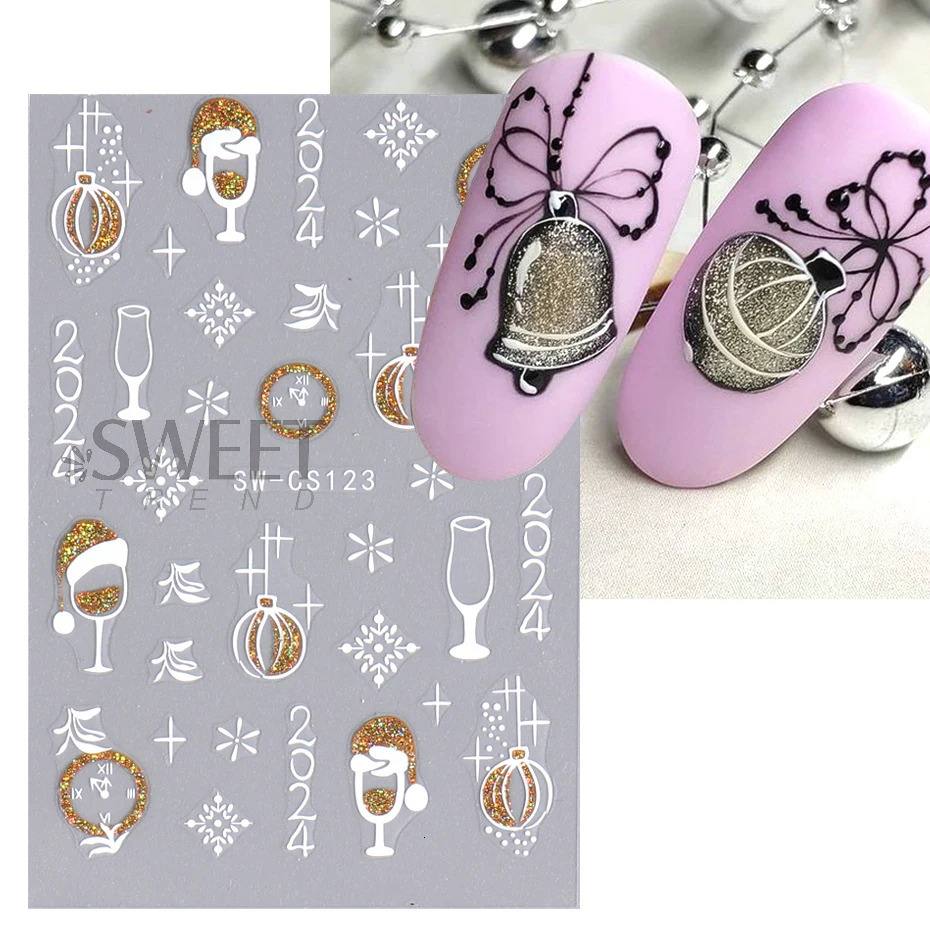 Reflective Gold Christmas Nail Art Stickers Sparkling Bell Lights Snowflake 2024 Year Handmade Winter Foil 241008