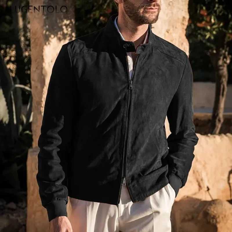 Mens Fashion Jacket Autumn New Retro Suede Hot Coat Solid Color Stand up Collar Open Fleece Sweater Retro Bomber Baseball Shirt Z241010