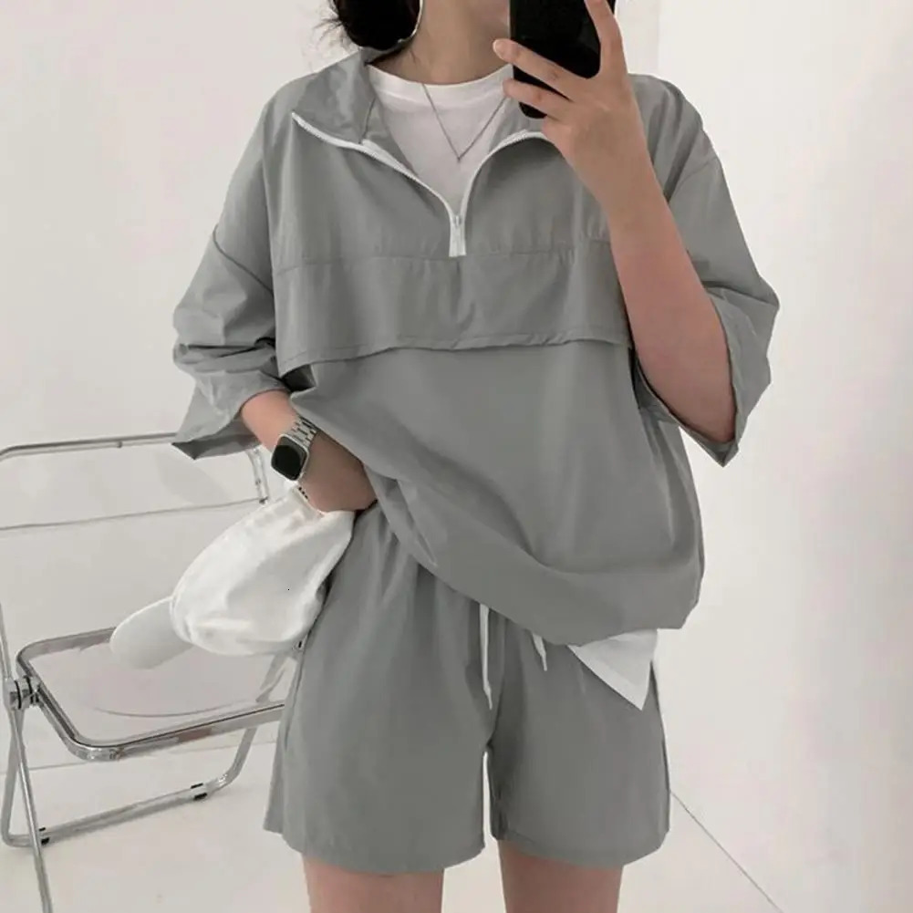 Womens summer track and field clothing fashionable unisex style zipper lapel top high waisted shorts sports couple set 241007