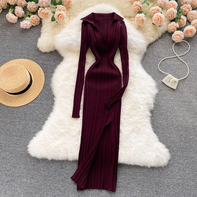 YuooMuoo Autumn Winter Knit Rib Wrap Midi Pencil Dress for Women Streetwear Korean Long Sleeve Bodycon Split Sweater Party Dress 241010
