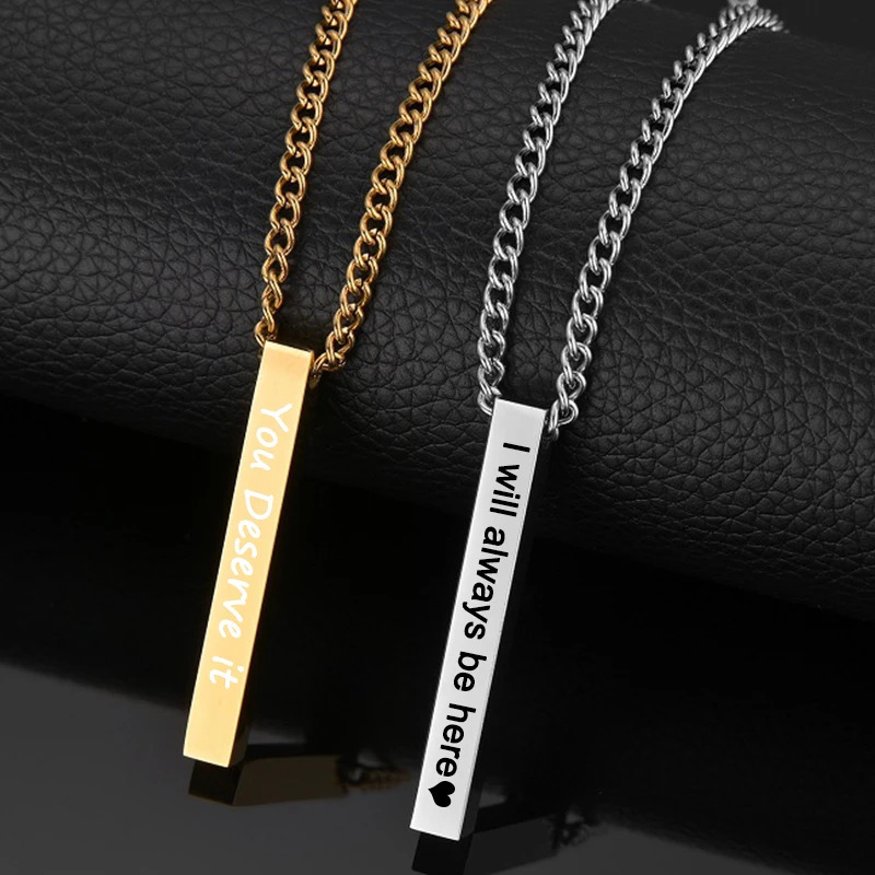Engrave 4 Sides Name Date Custom Stainless Steel Thick Chain Necklaces for Women Personalized Square Bar Pendant Jewelry Gift 241009