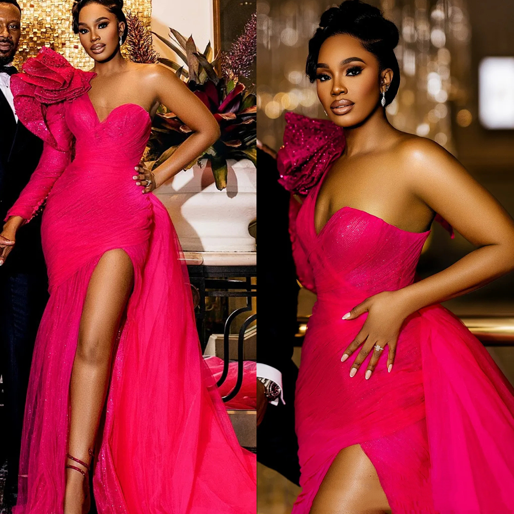 Ruched One Shoulder Mermaid Evening Dresses Side High Slit Chic Formal Party Prom Gown Long Tulle Detachable Train Modern Reception Dress For Women