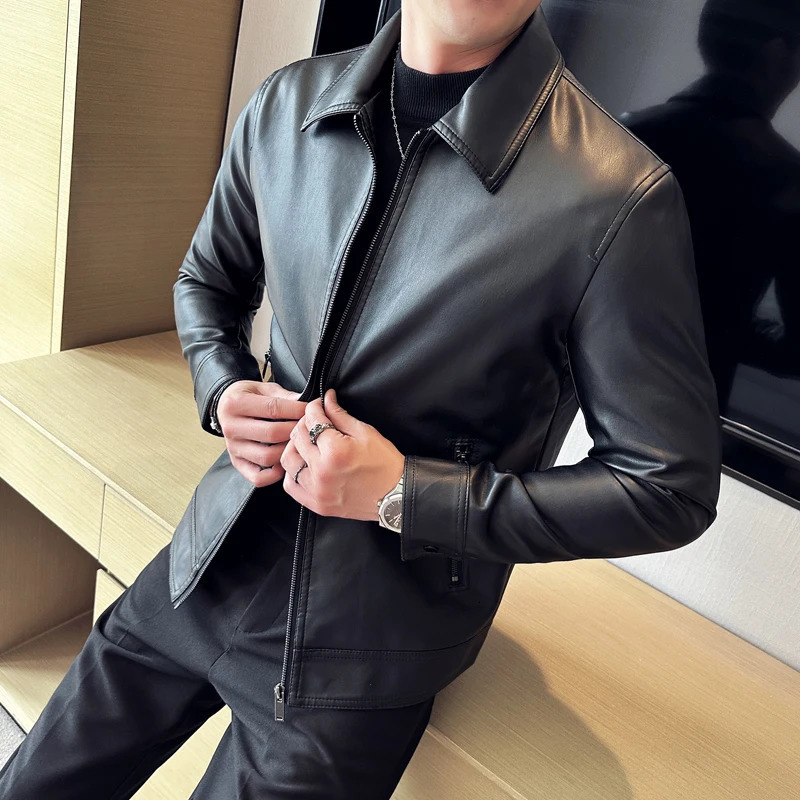 Motorcycle faux fur ultra-thin jacket mens autumn jacket bomber bicycle zipper wool pilot retro business PU leather jacket 240927