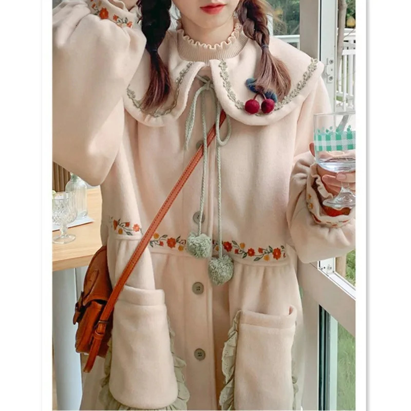 Women Coats Peter Pan Collar Ruffle Embroidered Single Breasted Coat Autumn Sweet Mid Length Large Pocket Lady Clothing 240930