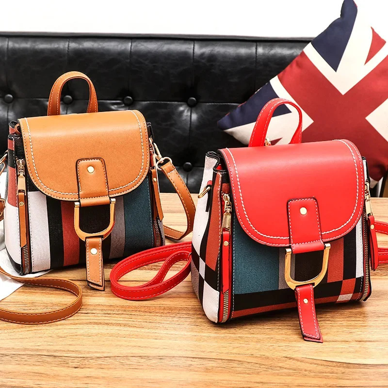 Womens Splicing Backpack PU Leather Knapsack Youth School Bag Casual Lock Mochila Plaid Multi functional 241008