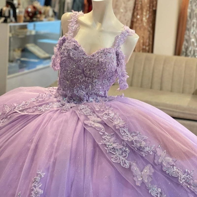 Lavender Off the Shoulder Ball Gown Quinceanera Dresses Applique Lace Crystal Beading Bow Tull Corset Vestido De 15 Anos Sweet 16 Dress