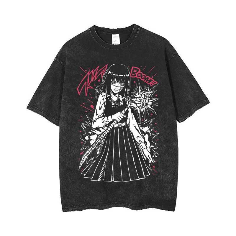 Anime chains mens acid T-shirt retro wash printed graphic T-shirt mens Harajuku cotton casual short sleeved T-shirt topW240716