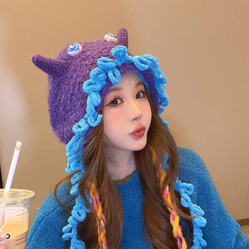 Cashmere Cute Little Monster Hat Brimless Hat Autumn Winter Warm Plush Handmade Knit Hat Cute Silly Funny Wool Hat Plush Hat 241007