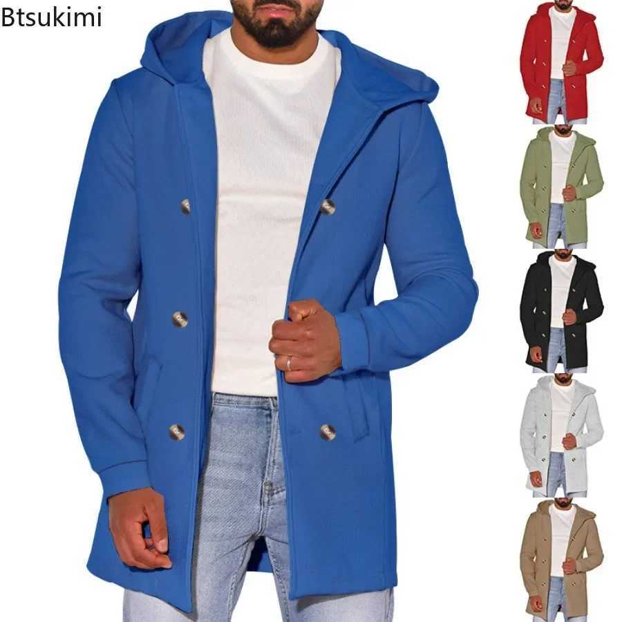 2024 Mens Woolen Hooded Jackets Mid Length Slim Straight Jackets Outerwear Men Autumn Winter Warm Outdoor Windbreaker Blends LX241010
