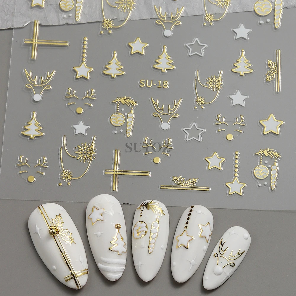 3D Golden Christmas Nail Stickers Metal Silver Deer Bear Snowflake Star Nail Stickers Year Decoration 2024 Slide LEBSU-19 241008