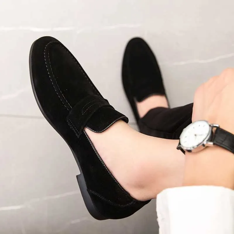 Dress British Simple Casual Black Loafers Lightweight Suede Slip-on Pointed Toe All-Matching Office Driving Mens Shoes H240807 241122