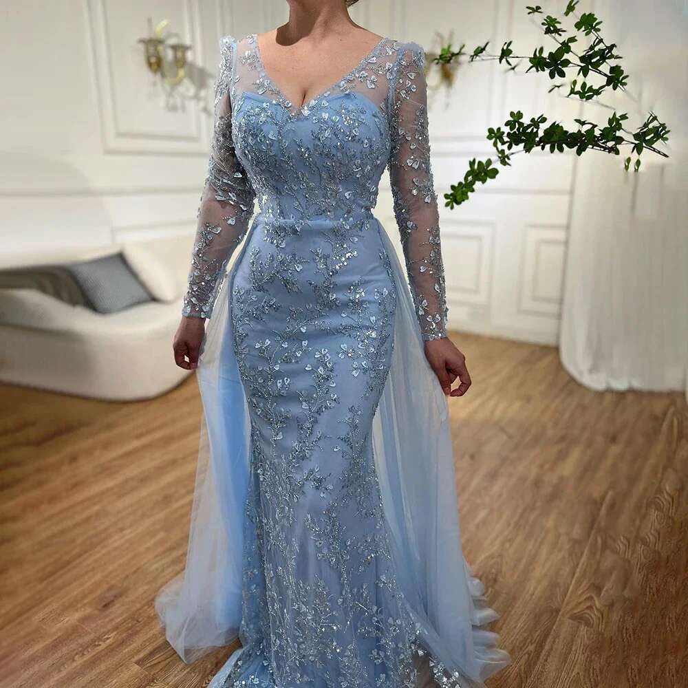 Blue Long sleeved Slim Fit Sexy Mermaid Fishtail Evening Women's Gorgeous Elegant Formal Party Dress 2024