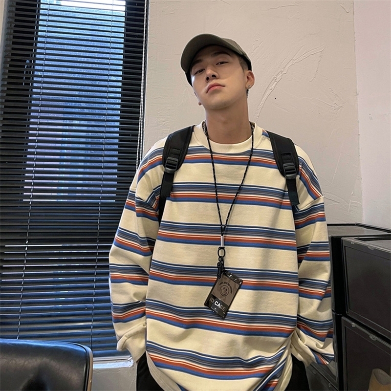 Hong Kong Style Striped Tshirt Loose Round Neck Spring Autumn n Few Lazy Top Men Casual Long Sleeve Shirt 241009