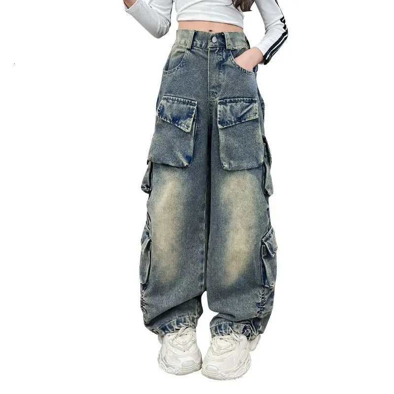 Womens cargo jeans spring loose casual elastic waist wide leg pants for teenagers streetwear childrens Trousers 241008
