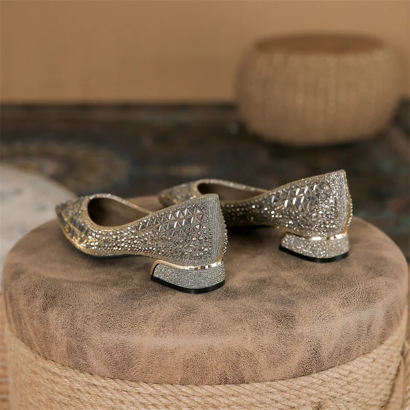 Woman Trafa Shoes Crystal Pumps Low Heeled Party Bride Wedding Shoes Female Sequin Loafers Ladies Dress High Heels 240927