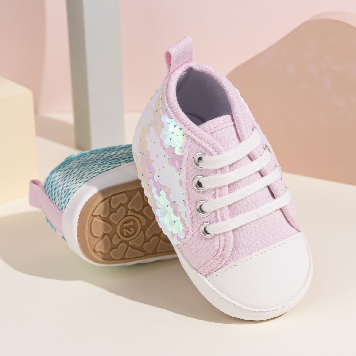 Fashion Sequin Baby Sneakers High Top Anti Slip Soft Soled Infant Boy Girl Shoes Happysteps Toddler Rubber Comfortable Casual Shoes