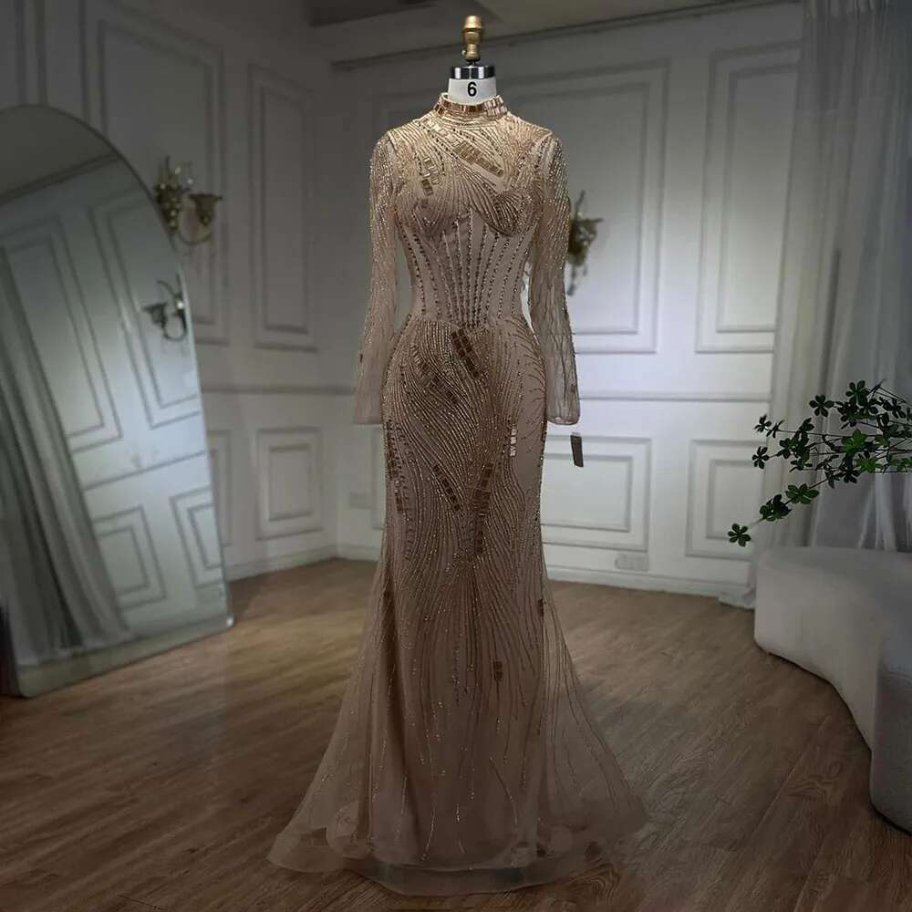 Wasisi Dubai Gowns Prom Dress Nude Illusion Pearls Beaded Feathers Mermaid Long Evening Dresses 2024 For Women Party