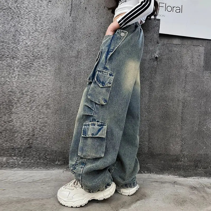 Womens cargo jeans spring loose casual elastic waist wide leg pants for teenagers streetwear childrens Trousers 241008