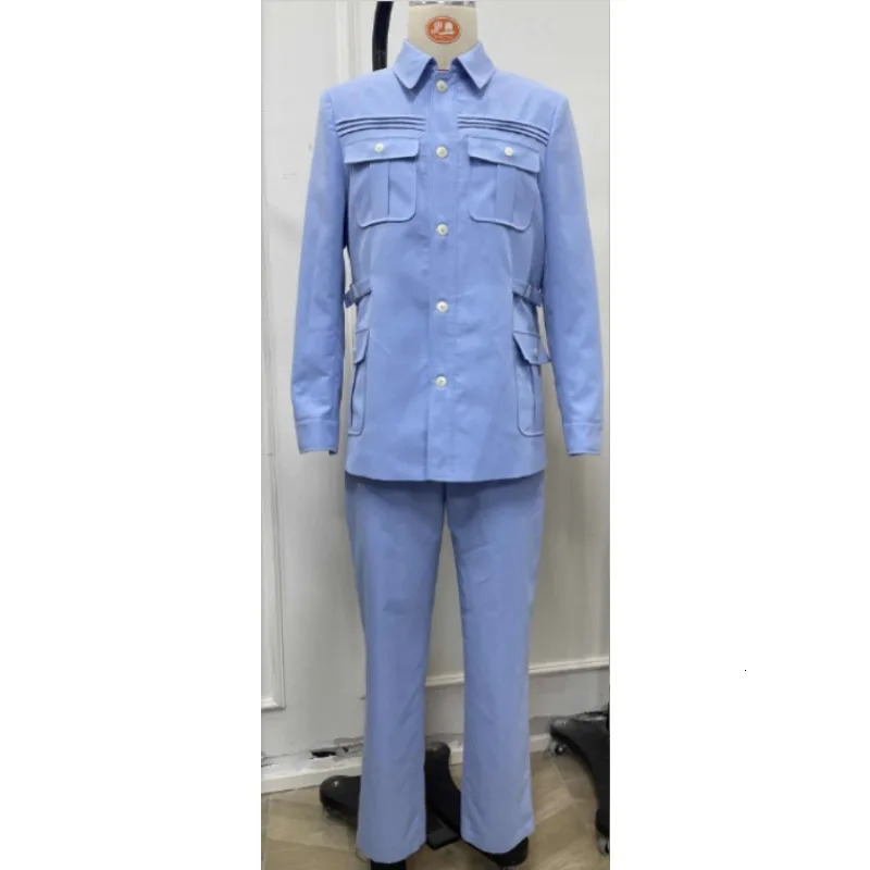 Mens Blazer Blue 2PcsSet Solid Color Suit Single Breasted Lapel Collar Safari Jacket Pant 2Pcs Set Business Occasion Suits 241008