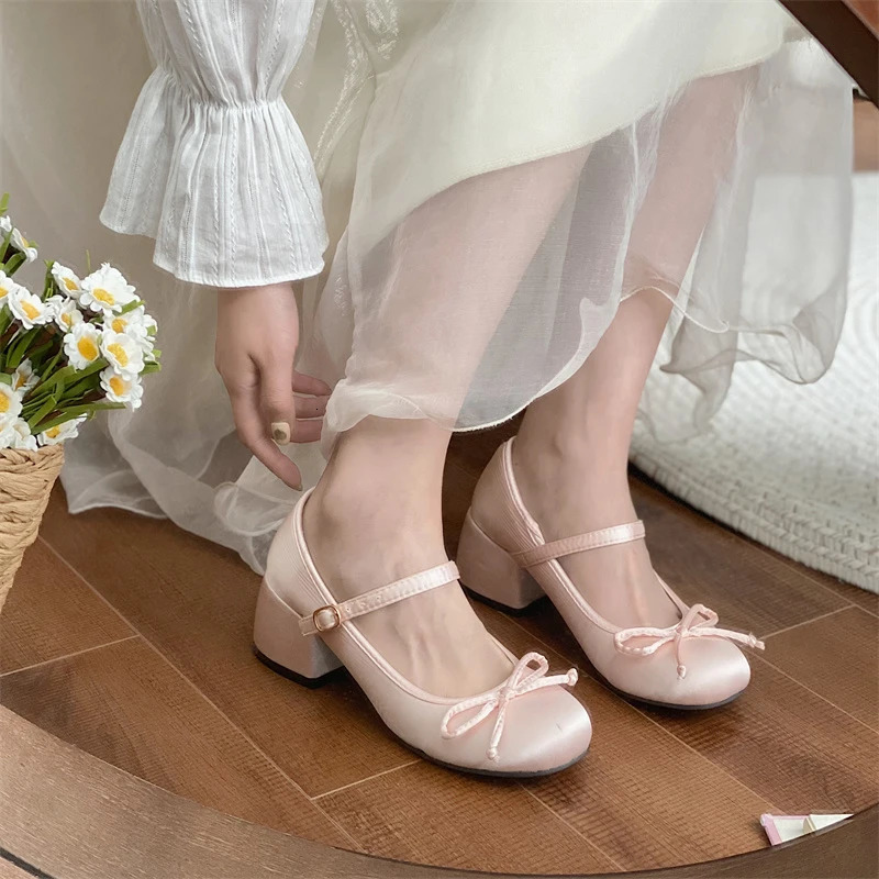 Spring Autumn Thick Heel Pink Shoes Elegant Bow Lolita Shoes College High Heels Fashion Womens Sandals 241007