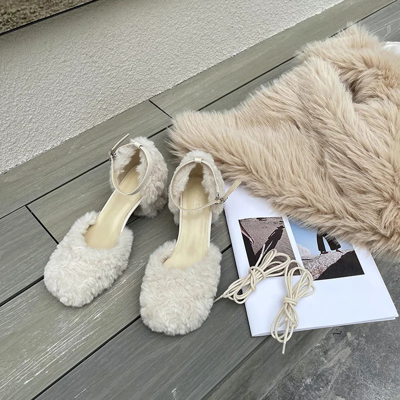 Fur Slippers Womens Square Heel Shoes Women High-heeled Furry Drag Fashion Outdoor All-match Sandals Furry Slides Flip Flop 241010