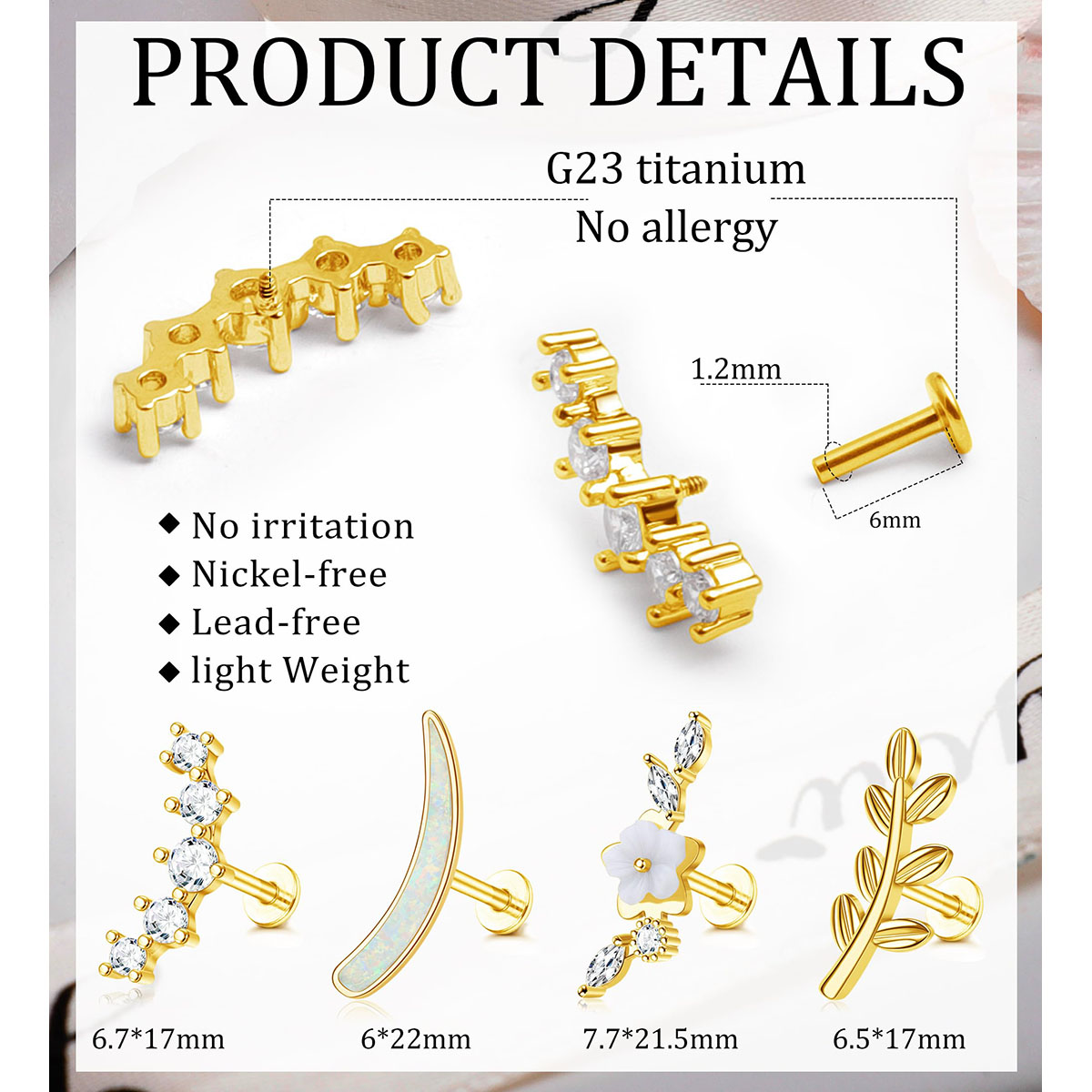 G23 Titanium Cartilage Earrings for Women 16G Pure Titanium Flat Back Stud for Sensitive Ear 14K Gold Cartilage Opal CZ Stud Earrings Internally Threa