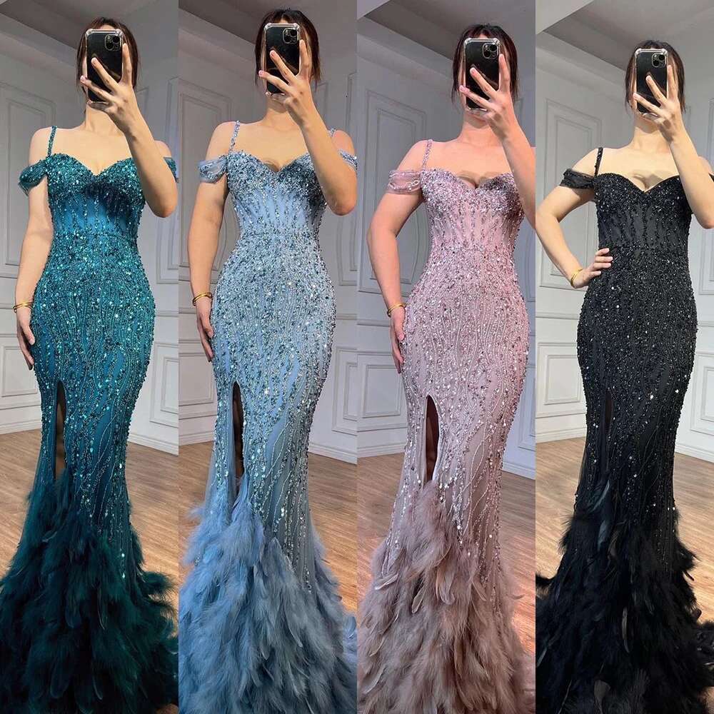 Serene Hill Green Mermaid Sexy High Split Off Shoulder Evening Dresses Feather Beaded Gowns Long 2024 For Women Party GLA71650A