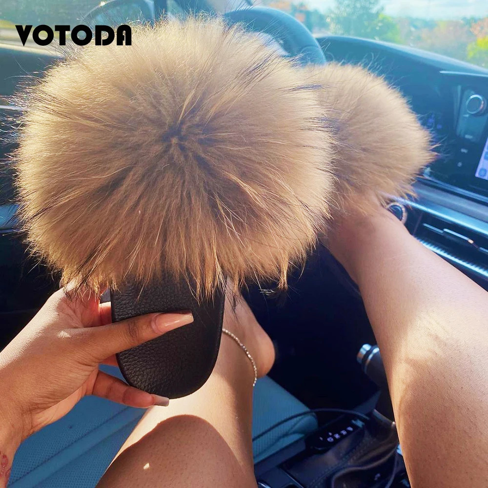 Summer Women Fur Slippers Fluffy Raccoon Fur Slides Furry Fox Fur Sandals Wholesale Cute Flat Home Shoes Flip-Flop Dropship 240927