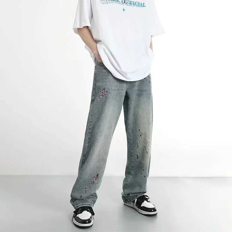 2024 New Mens Graffiti Embroidered Baggy Jeans Retro Straight-leg Denim Trousers High Street Distressed Y2K Jean pantalonesX241009