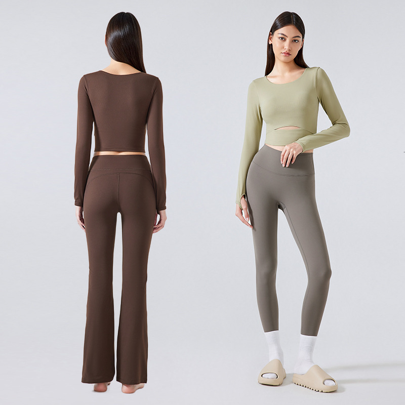 New nude yoga suit long sleeved with chest cushion elastic tight running and fitness top S2032