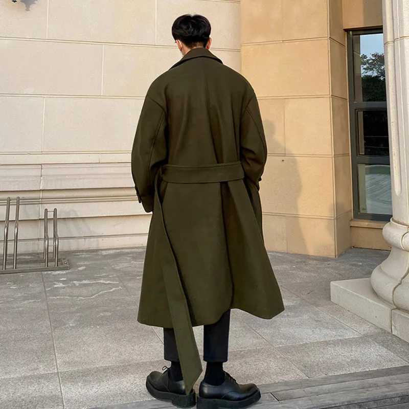 IEFB Tweed Overcoat Mens Autumn Winter Long Coat Loose Knee-length New Korean British Thickened Belted Woolen Jacket D1221 LX241010