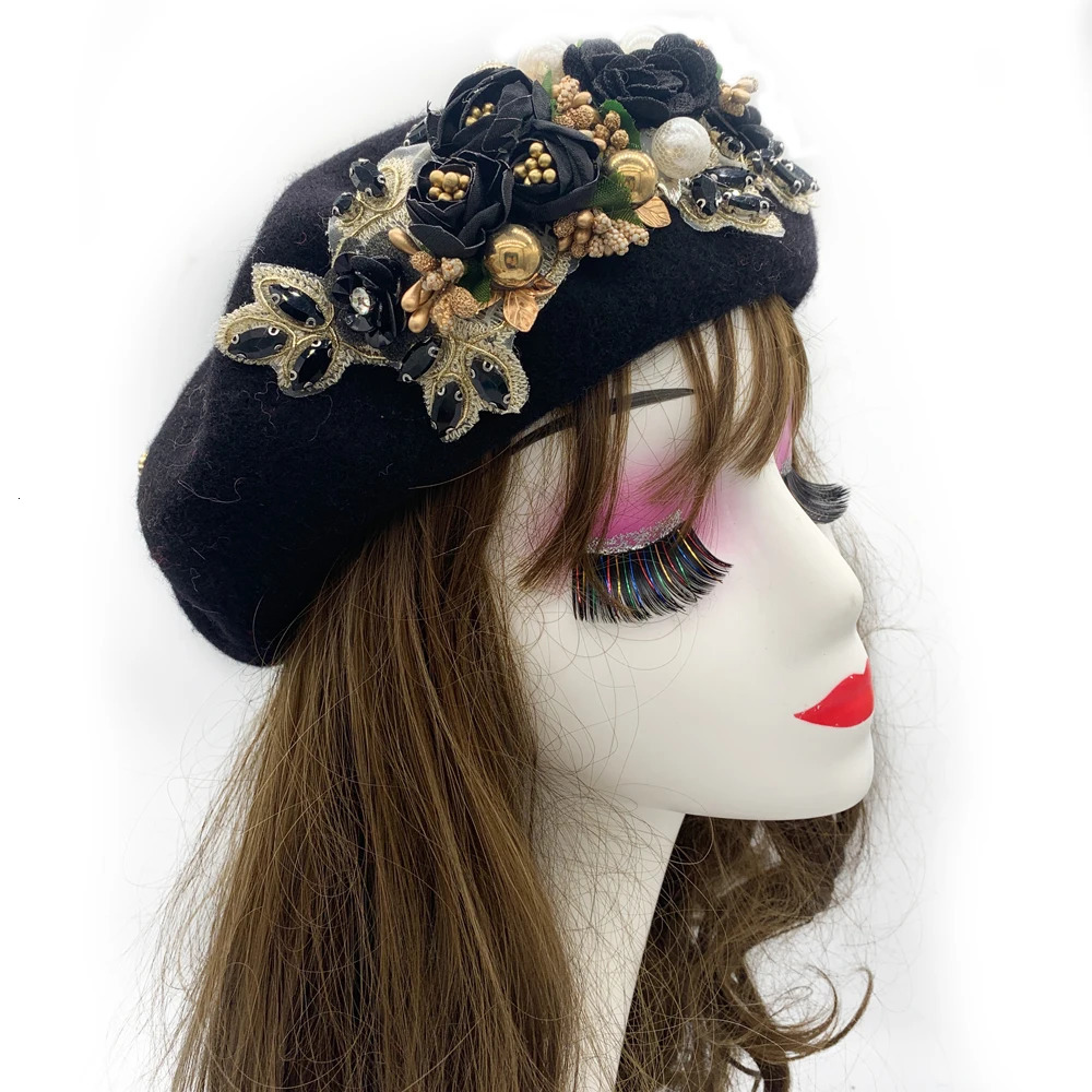 2024 Winter Autumn Womens Beret Hat Flower Diamonds Lady Beanies Cap French Retro Female Head Wrap Bonnet 241009