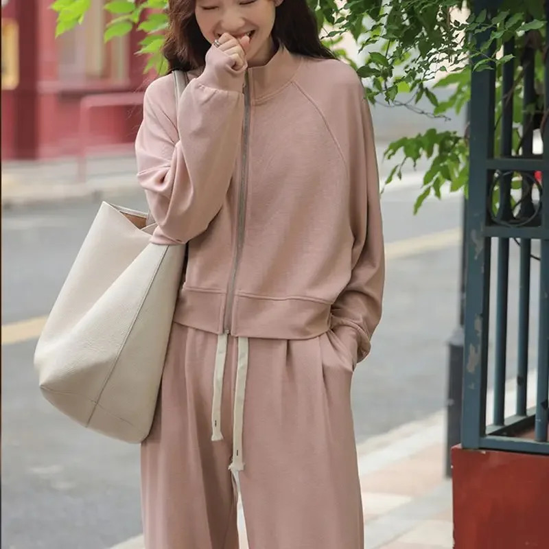 Womens pants set fashionable casual track suit loose zipper long sleeved sports shirt jacket Trouser 2piece matching 241007