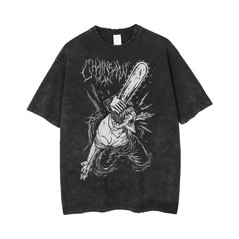 Anime Chainsaw Man Acid Tshirt Retro Vintage Washed Printed Graphic T Shirt Women Harajuku Cotton Casual Short Sleeve Tshirt W241216