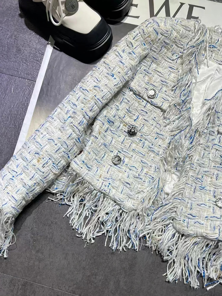 er vintage woven tweed pleated button pocket short sleeved jacket suitable for the fashionable one-piece jacket of autumn 240930