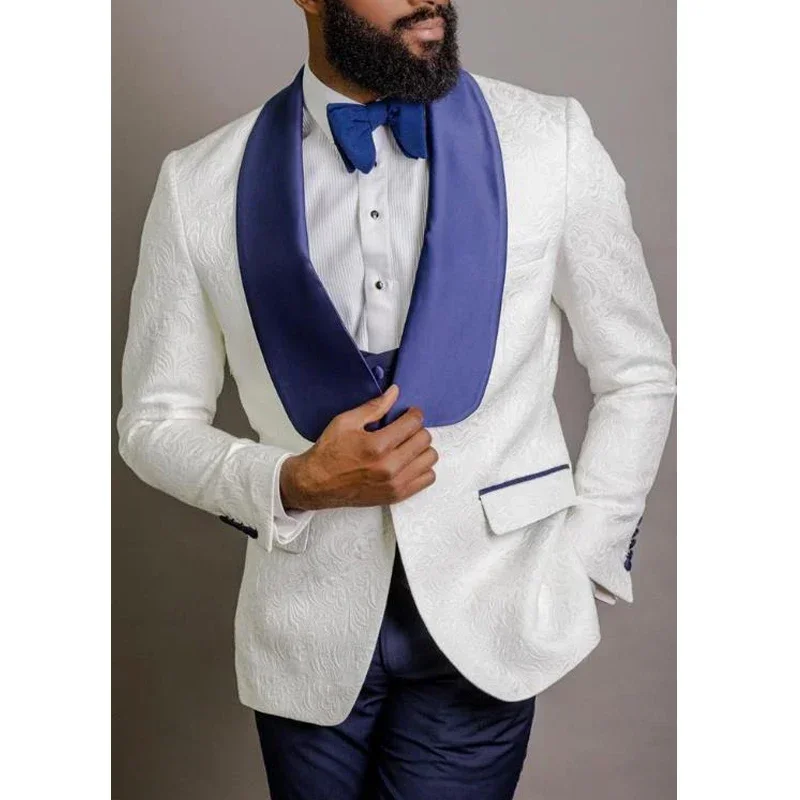 Formal Men Suits For Wedding Slim Fit 3 Pcs Groom Tuxedo Blue Shawl Lapel Floral Pattern Custom Fashion Jacket Vest Pants 2024