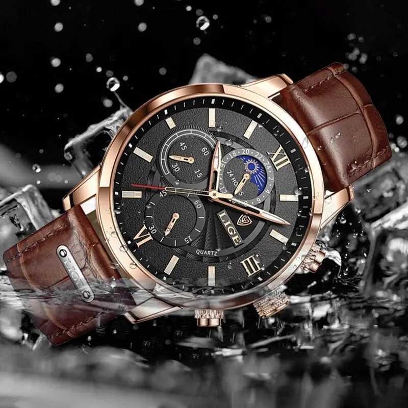 LIGE 2024 New Mens Watch Top Luxury Brown Leather Casual Quartz Watch Mens Sports Waterproof Watch Relogio Masculino W240923