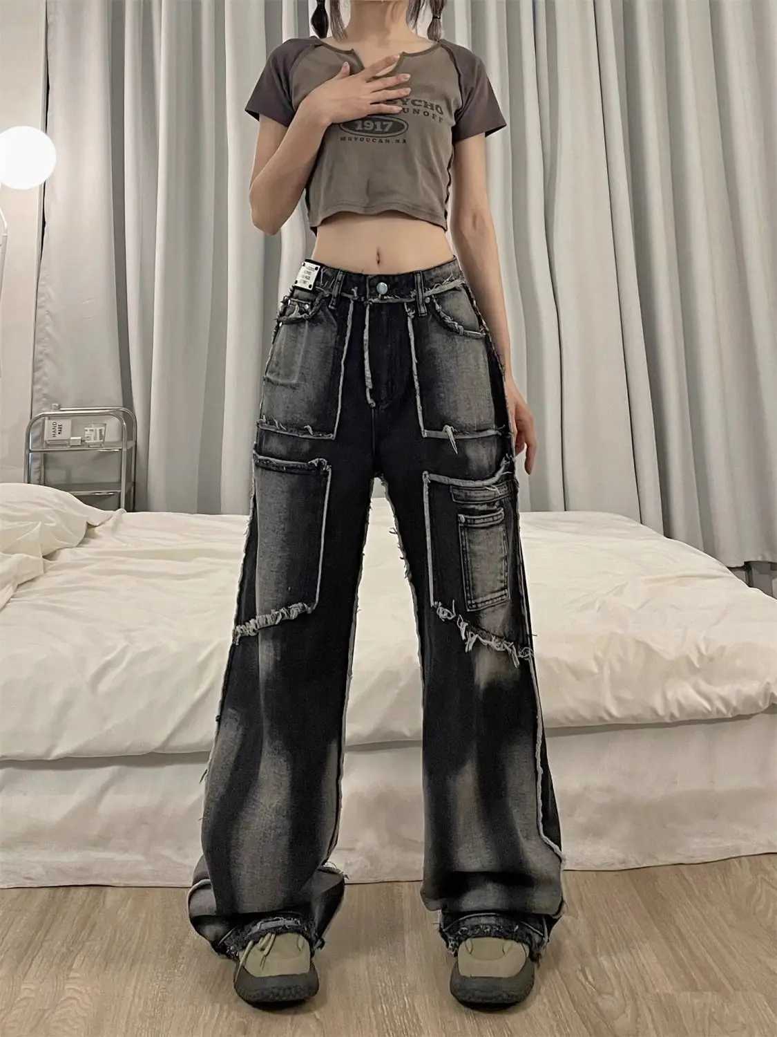 American high street hip-hop men and women trend tie dye fringed straight leg jeans autumn loose personality retro casual pantsX241009