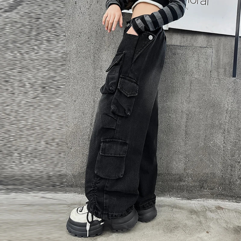 Teenage girl wide leg jeans autumn fashion childrens casual jeans childrens work clothes straight leg bag pants 15Y 241008