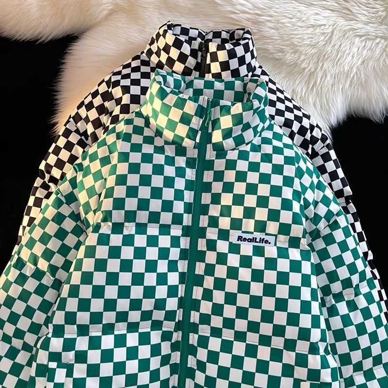Men's Down Parkas Winter Strtwear Oversize Plaid Bubble Coat Japanese Style New Retro Parkas With Contrast Warm Plaid Puffer Jacket Husband Men Y