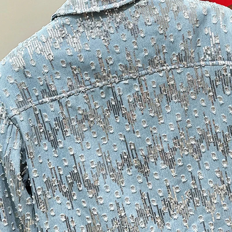 PFHQ Korean Fashion Metal Chain Decoration Hole Denim Jacket Autumn Winter Sequin Contrast Color Male Tops 21Z6055 241010