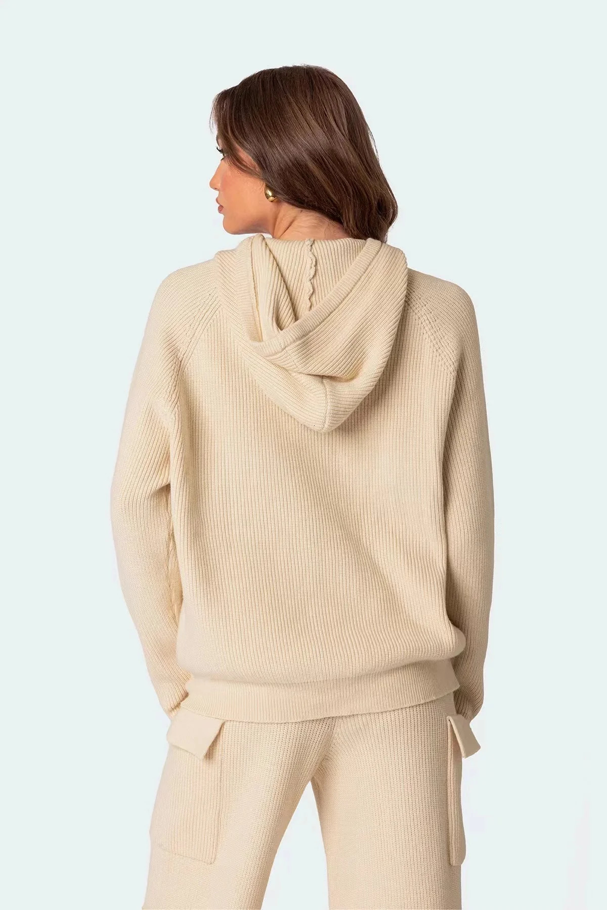 Knitted Multi Pocket Pants Set Fashion Hooded Sweatshirt Womens Long Sleeve Sweater Two Piece 241008