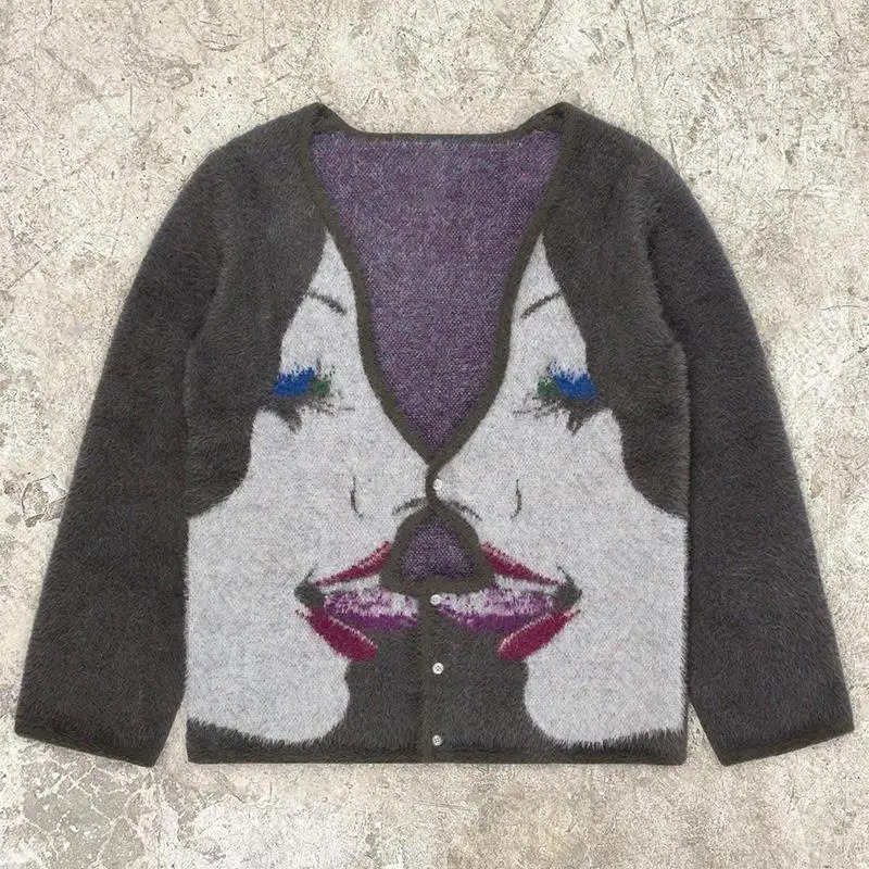 Y2k American retro graphic hip-hop gothic punk sweater Harajuku retro latte art retro fashion streetwear mens retro cardigan 241007