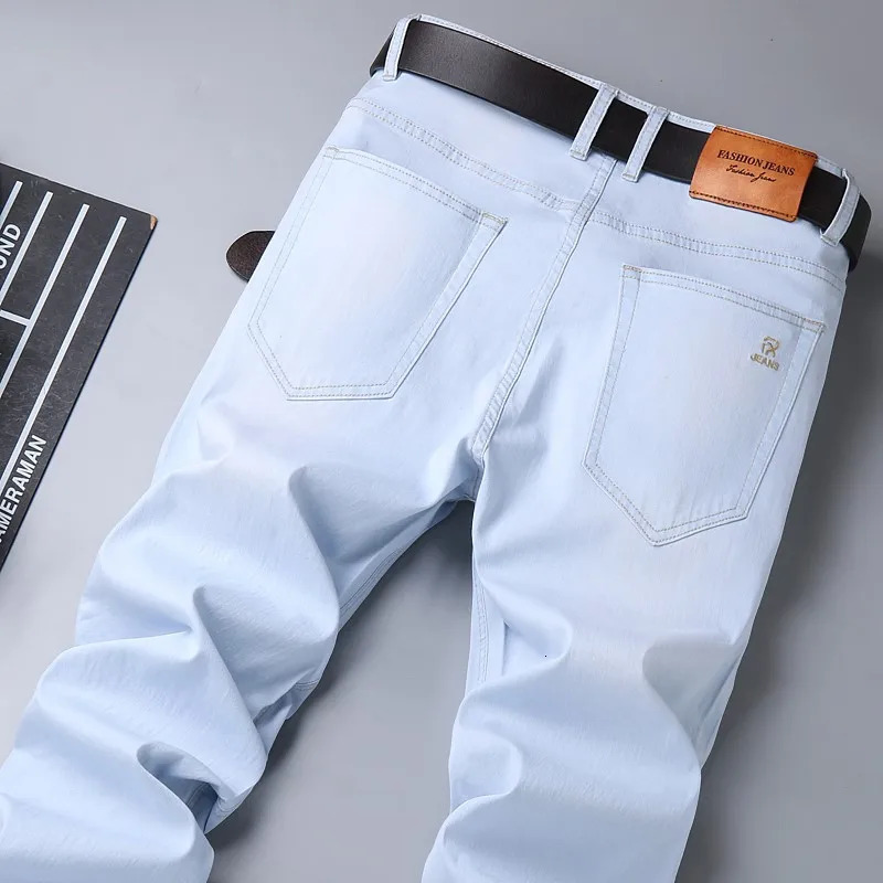 denim jeans mens classic slim fit summer autumn business casual light blue elastic cotton Trouser 240929