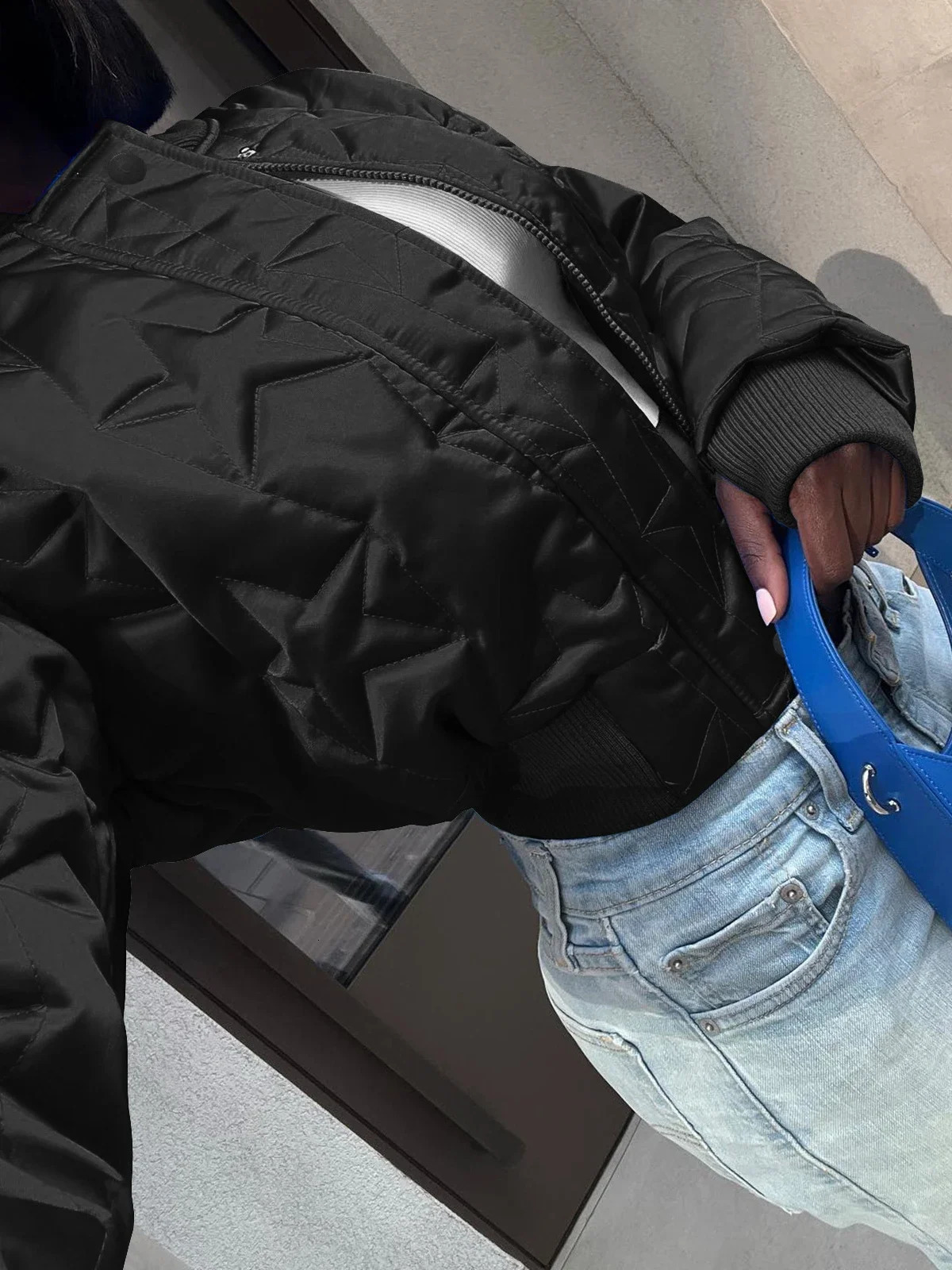 Womens Fashion Long Sleeve Zipper Short Quilted Coat Autumn Winter Cotton Padded Stars Bomber Jacket 2024 Girls Varsity 240930