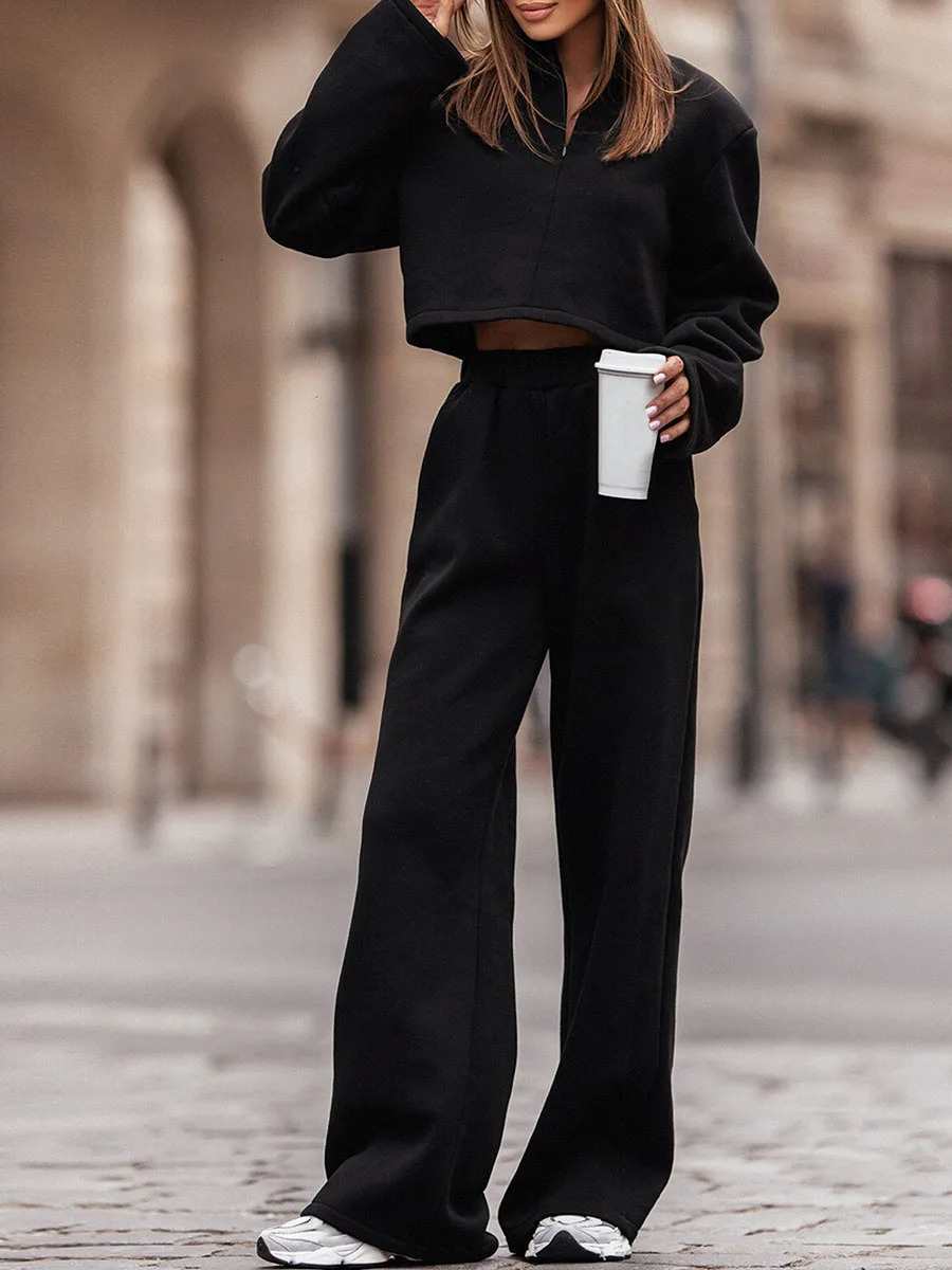 Womens twopiece casual set half zip sweatshirt wide leg sweatpants sportswear track 241008