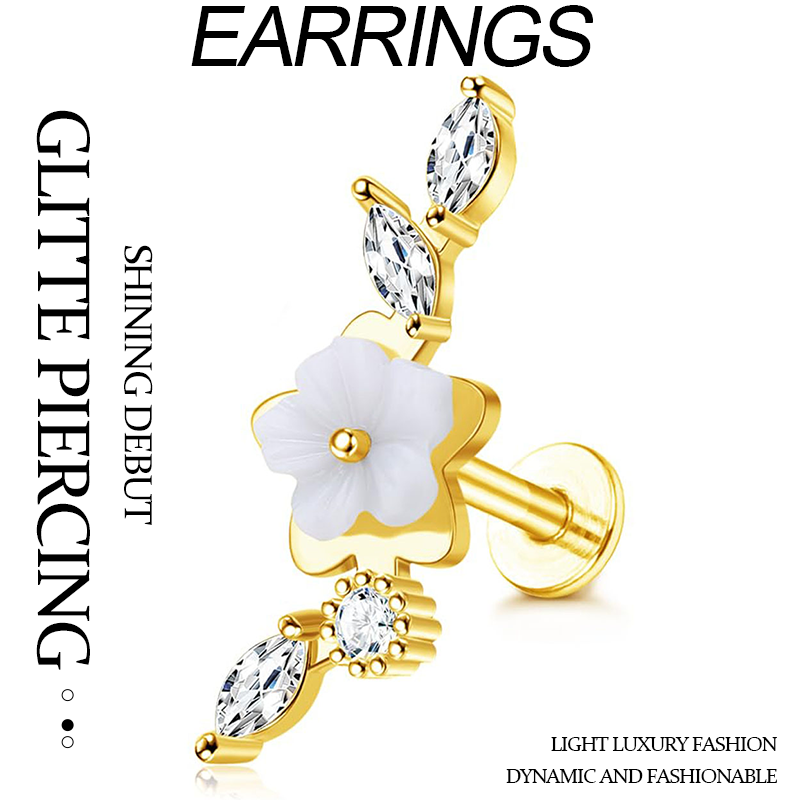 G23 Titanium Cartilage Earrings for Women 16G Pure Titanium Flat Back Stud for Sensitive Ear 14K Gold Cartilage Internally Threaded Conch Helix Pierci