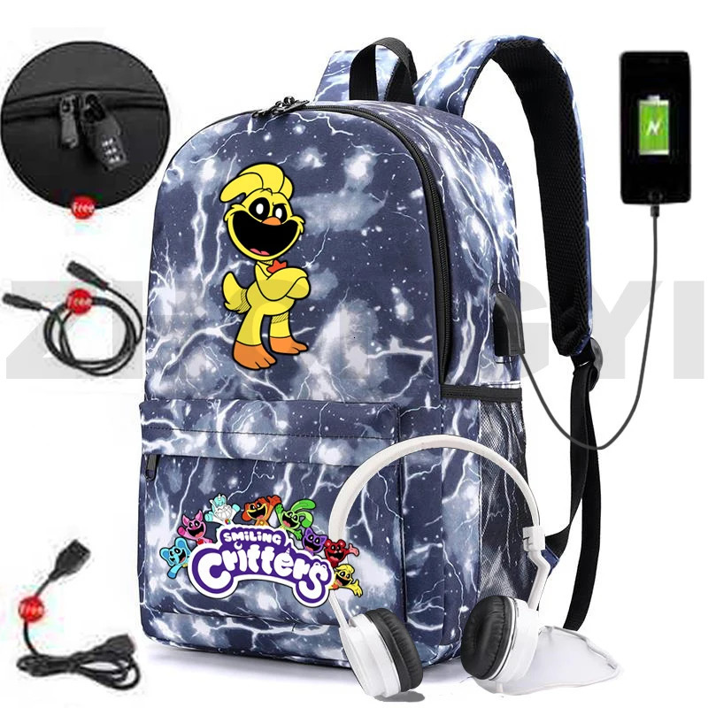 Anti-theft Smiling Critters Waterproof Backpack Men Travel Sport Bags Kids Cartoon Cute Schoolbags USB Charging Nylon Bookbag 241008